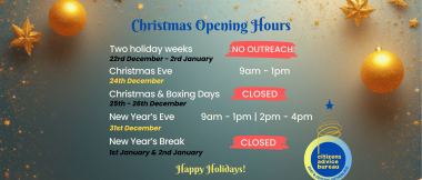 A festive graphic displaying the office opening hours for Citizens Advice Bureau East & Central Sutherland during the Christmas period. Key schedule points include: Two holiday weeks (22nd Dec–2nd Jan) NO OUTREACH; Christmas Eve (24th Dec) 9am–1pm; Christmas & Boxing Days (25th–26th Dec) CLOSED; New Year’s Eve (31st Dec) 9am–1pm / 2pm–4pm; and New Year’s Break (1st & 2nd Jan) CLOSED. The image is decorated with gold stars and baubles and includes the greeting "Happy Holidays!"